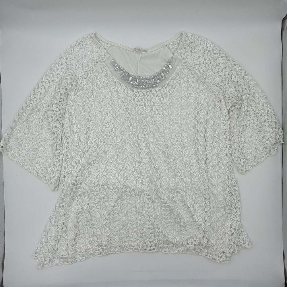 Brittany Black Woman White Embellished V-Neck Blouse Lace Trim Rhinestone Top